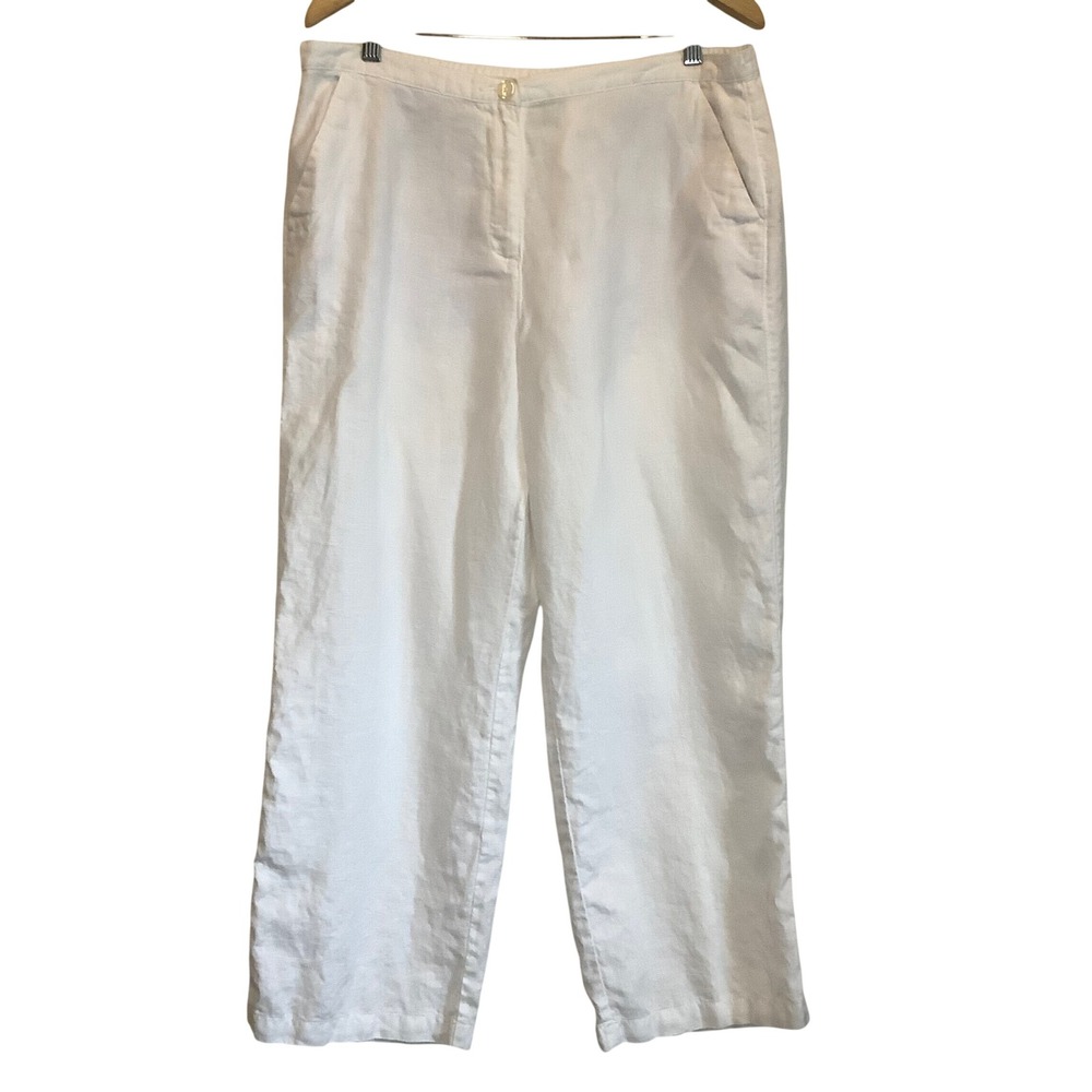 LL Bean White 100% Linen Wide Leg Pants Petite 18P Elastic Waist 0FXD3
